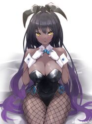 Rule 34 | 1girl, absurdres, adjusting bowtie, animal ears, bare shoulders, black hair, black leotard, blue archive, blue bow, blue bowtie, bow, bowtie, breasts, breasts squeezed together, cleavage, covered navel, dark-skinned female, dark skin, detached collar, fake animal ears, fishnet pantyhose, fishnets, gloves, gradient hair, highleg, highleg leotard, highres, karin (blue archive), karin (bunny) (blue archive), kuro (be ok), large breasts, leotard, long hair, looking at viewer, multicolored hair, official alternate costume, open mouth, pantyhose, playboy bunny, purple hair, rabbit ears, rabbit tail, sitting, solo, strapless, strapless leotard, tail, thigh gap, traditional bowtie, very long hair, white gloves, wrist cuffs, yellow eyes