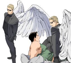 Rule 34 | 2boys, albert wesker, angel wings, bara, bed, black gloves, black hair, black jacket, black pants, black shirt, blonde hair, chris redfield, gloves, green tank top, hands in pockets, jacket, large pectorals, looking at another, lying, male focus, multiple boys, muscular, muscular male, on back, on bed, open clothes, open jacket, open mouth, pants, pectorals, pillow, resident evil, resident evil 5, shirt, short hair, sitting, sitting on person, smile, sunglasses, tank top, tatsumi (psmhbpiuczn), wings, yaoi