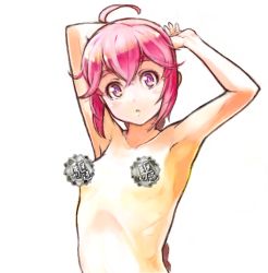 Rule 34 | 10s, 1girl, :&lt;, ahoge, arms up, bad id, bad twitter id, blush, braid, breasts, censored, chikuwa (tks), kantai collection, long hair, looking at viewer, nenohi (kancolle), censored nipples, novelty censor, nude, pink hair, purple eyes, ribs, single braid, small breasts, solo, upper body