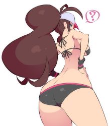 Rule 34 | 1girl, ?, ass, back, baseball cap, bikini, blue eyes, blush, breasts, brown hair, butt crack, creatures (company), from behind, game freak, hand on own hip, hat, highres, hilda (pokemon), huge ass, large breasts, long hair, nac000, nintendo, pokemon, pokemon bw, ponytail, solo, swimsuit