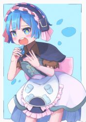 Rule 34 | 1boy, apron, back bow, blue apron, blue background, blue capelet, blue corset, blue dress, blue eyes, blue hair, blue hairband, blush, boss9331, bow, capelet, corset, crossdressing, dress, frilled apron, frilled hairband, frills, hairband, highres, holding, holding whistle, made in abyss, male focus, maruruk, open mouth, outline, pink bow, short hair, solo, teeth, trap, upper teeth only, whistle, white outline