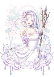 Rule 34 | 1girl, body markings, braid, breasts, bridal gauntlets, cleavage, collar, colored sclera, cropped legs, dress, dress flower, earrings, eyes visible through hair, facial mark, floral background, flower, grace (identity v), grace (rosemary) (identity v), hair flower, hair ornament, holding, holding polearm, holding weapon, identity v, jewelry, lace, lace-trimmed collar, lace-trimmed dress, lace trim, large breasts, lipstick, long hair, looking at viewer, magnolia, makeup, off-shoulder dress, off shoulder, parted bangs, parted lips, polearm, purple eyes, purple flower, purple sclera, rosemary (herb), single braid, skirt hold, smile, solo, sparkle, star (symbol), tempy (rinsia), weapon, white background, white collar, white dress, white flower, white hair