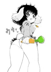 Rule 34 | 1girl, animal ears, ass, black hair, blush, breasts, carrot, carrot necklace, dress, floppy ears, frilled dress, frilled sleeves, frills, from below, holding, inaba tewi, jewelry, long sleeves, looking at viewer, looking down, necklace, open mouth, panties, pendant, rabbit ears, rabbit girl, rabbit tail, short hair, solo, sound effects, standing, tail, thighs, tied sleeves, touhou, underwear, white panties, yonaki