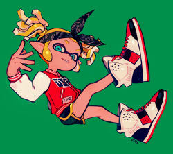 Rule 34 | 1girl, aqua eyes, artist name, bandana, black shorts, blonde hair, buttons, dolphin shorts, fang, full body, green background, inkling, inkling girl, inkling player character, jacket, long sleeves, looking at viewer, nintendo, ohil (ohil822), pointy ears, shoes, short hair, short shorts, shorts, simple background, smile, sneakers, solo, splatoon (series), splatoon 2, teeth, tentacle hair, twintails