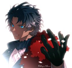 Rule 34 | 1boy, artist name, bartholomew roberts (fate), black gloves, black hair, blue eyes, blurry, close-up, dark skin, dark-skinned male, fate/grand order, fate (series), fur collar, gloves, gradient hair, jewelry, light, looking at viewer, male focus, meiji ken, multicolored hair, open hand, red fur, shadow, shirt, smile, solo, upper body, white background, white shirt