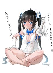 Rule 34 | &gt;:|, 10s, 1girl, :|, angry, bare legs, barefoot, black hair, blue eyes, blunt bangs, blush, bow, bowtie, breasts, cleavage cutout, closed mouth, clothing cutout, covered navel, crossed legs, crying, deluxe&lt;&lt;&lt;, dress, dungeon ni deai wo motomeru no wa machigatteiru darou ka, elbow gloves, feet, female focus, foreshortening, full body, gloves, hair ornament, hand on own thigh, hestia (danmachi), highres, indian style, large breasts, long hair, panties, pantyshot, pointing, pointing at viewer, puffy cheeks, rei no himo, ribbon, short dress, simple background, sitting, sketch, solo, teals, tears, toe scrunch, toes, translation request, twintails, underwear, v-shaped eyebrows, very long hair, white background, white dress, white gloves, white panties