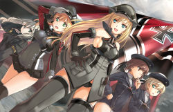 Rule 34 | 10s, 5girls, :d, anchor, bare shoulders, bismarck (kancolle), black panties, blonde hair, blue eyes, blush, breasts, brown hair, cropped jacket, cross, detached sleeves, dress, flag, garrison cap, gloves, green eyes, hair ornament, hand on own hip, hat, ipuu (el-ane koubou), iron cross, kantai collection, large breasts, long hair, microskirt, military, military uniform, multiple girls, nazi, open mouth, panties, peaked cap, prinz eugen (kancolle), puffy sleeves, red eyes, sailor collar, sailor dress, sailor hat, short hair, sideboob, skirt, smile, swastika, thighhighs, twintails, u-511 (kancolle), underwear, uniform, white gloves, z1 leberecht maass (kancolle), z3 max schultz (kancolle)