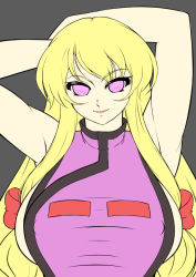 Rule 34 | 1girl, armpits, arms behind head, blonde hair, bow, breasts, covered erect nipples, eyebrows, grey background, hair bow, large breasts, lips, long hair, looking at viewer, mazume, naked tabard, outline, purple eyes, sidelocks, simple background, solo, tabard, touhou, unfinished, upper body, very long hair, yakumo yukari