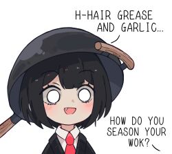 Rule 34 | 1girl, :d, absurdres, black hair, black sweater, bob cut, collared shirt, commentary, dot nose, empty eyes, english commentary, english text, fang, grey hair, highres, light blush, melonbread, necktie, no pupils, open mouth, original, portrait, pot on head, red necktie, shirt, short hair, simple background, smile, solo, stutter, sweater, talking, white eyes, white shirt, wok