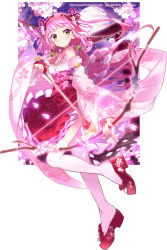 Rule 34 | 1girl, arrow (projectile), bell, blush, bow (weapon), cherry blossoms, company name, detached sleeves, english text, fantasica, flower, full body, full moon, hair flower, hair ornament, hair ribbon, holding, jingle bell, leg up, long hair, low twintails, moon, pink hair, platform footwear, pleated skirt, rassie s, red ribbon, red skirt, ribbon, sandals, skirt, solo, thighhighs, twintails, watermark, weapon, white thighhighs, yellow eyes