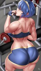Rule 34 | 1girl, absurdres, alternate costume, alternate hair length, alternate hairstyle, arcedo, ass, bare shoulders, blue eyes, blue hair, blue shorts, booty shorts, breasts, dumbbell, fingerless gloves, fire emblem, fire emblem awakening, from behind, gloves, hairband, highres, huge ass, large breasts, looking at viewer, looking back, looking up, lucina (fire emblem), muscular, muscular female, nintendo, open mouth, short hair, short shorts, shorts, sideboob, solo, sports bra, thick thighs, thighs