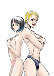 Rule 34 | 2girls, abs, back-to-back, black hair, blonde hair, blue eyes, blue hair, blue panties, breasts, brown eyes, covering privates, covering breasts, eyebrows, eyelashes, large breasts, legendary pictures, lips, lipstick, makeup, mako mori, multicolored hair, multiple girls, navel, pacific rim, panties, panties only, pink panties, sabachiyo land, sasha kaidanovsky, short hair, sketch, small breasts, streaked hair, topless, underwear, underwear only