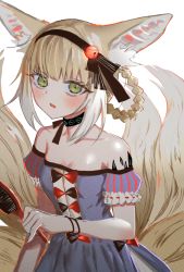 Rule 34 | 1girl, alternate costume, animal ear fluff, animal ears, arknights, bad id, bad pixiv id, bare shoulders, bell, black choker, black hairband, blonde hair, blue dress, blush, braid, braided hair rings, breasts, choker, cleavage, collarbone, cowboy shot, dress, fox ears, fox girl, fox tail, frilled sleeves, frills, green eyes, hair bell, hair brush, hair ornament, hair rings, hairband, holding, holding hair brush, jingle bell, looking at viewer, material growth, multiple tails, off-shoulder dress, off shoulder, open mouth, oripathy lesion (arknights), puffy short sleeves, puffy sleeves, ryoma (rym 369), short hair, short sleeves, simple background, small breasts, solo, suzuran (arknights), tail, white background