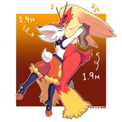 Rule 34 | animal ears, artist name, blaziken, rabbit ears, rabbit tail, cinderace, commentary request, creatures (company), furry, game freak, gen 3 pokemon, gen 8 pokemon, holding hands, height difference, highres, looking at another, musical note, nintendo, pokemon, pokemon (creature), smile, sweatdrop, tail, zakro