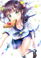 Rule 34 | 1girl, blush, bread slice, brown hair, fish, food, food in mouth, fruit, green eyes, hair ornament, hair ribbon, keepout, kneehighs, mouth hold, original, pleated skirt, ribbon, school uniform, serafuku, short hair, skirt, socks, solo, soramu, star (symbol), strawberry, toast, toast in mouth, white background