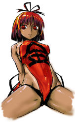 Rule 34 | 1girl, arms behind back, bad id, bad pixiv id, breasts, covered navel, female focus, fictional persona, legs, leotard, muscular, one-piece tan, original, red eyes, red hair, self-portrait, short hair, sideboob, simple background, solo, tan, tanline, wamusato haru, white background