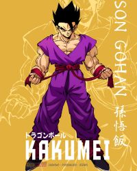 Rule 34 | 1boy, belt, black eyes, black hair, dragon ball, highres, looking at viewer, muscular, muscular male, potential unleashed, red belt, red wristband, serious, son gohan, standing, tagme, ultimate gohan, veins