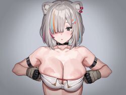 Rule 34 | ..., 1girl, animal ear fluff, animal ear piercing, animal ears, areola slip, arm strap, asymmetrical bangs, black choker, black eyes, blue hair, blush, breasts, choker, cleavage, fingerless gloves, gloves, gradient background, grey background, grey gloves, grey hair, hair ornament, hair over one eye, highres, hololive, large areolae, large breasts, light blue hair, lion ears, looking at viewer, multicolored hair, official alternate hair length, official alternate hairstyle, orange hair, parted lips, pasties, pink hair, shishiro botan, short hair, simple background, skindentation, solo, sound effects, strapless, streaked hair, string, tenchisouha, tube top, upper body, virtual youtuber, white tube top, x hair ornament