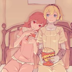 Rule 34 | 2girls, aegis (persona), android, blonde hair, blue eyes, closed mouth, commentary, couple, cup, disposable cup, drink, drinking, drinking straw, food, hair between eyes, hair down, head on another&#039;s shoulder, highres, holding, holding cup, holding drink, indoors, joints, leaning on person, leaning to the side, long hair, looking at another, multiple girls, on bed, pajamas, persona, persona 3, persona 3 portable, popcorn, red eyes, red hair, robot joints, shiomi kotone, short hair, short sleeves, side-by-side, sitting, smile, symbol-only commentary, tbjj1208, yuri