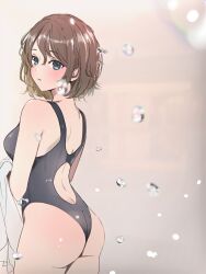 Rule 34 | 1girl, absurdres, ass, back, blue eyes, breasts, highres, looking at viewer, love live!, love live! sunshine!!, medium breasts, one-piece swimsuit, short hair, simple background, solo, swimsuit, thighs, ukitaryu, watanabe you, water, wavy hair