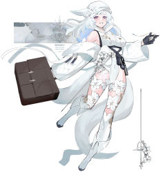 Rule 34 | 1girl, absurdres, animal ears, bare shoulders, black gloves, blush, boots, breasts, collar, collared shirt, commentary request, detached sleeves, floral print, flower, full body, gloves, highres, holding, holding suitcase, long hair, long sleeves, looking at viewer, original, parted lips, purple eyes, rapier, shirt, shokuen (oxstl), simple background, smile, solo, suitcase, sword, tail, thighhighs, translation request, watch, weapon, white background, white flower, white footwear, white hair, white headwear, white shirt, white thighhighs, wide sleeves
