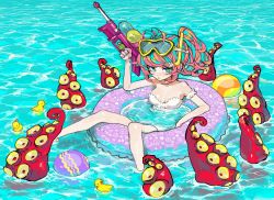 Rule 34 | 1girl, :&lt;, antenna hair, aqua eyes, aqua hair, ball, beachball, bikini, blush, breasts, closed mouth, commentary request, diving mask, diving mask on head, floral print, goggles, goggles on head, highres, holding, holding water gun, innertube, looking at viewer, medium breasts, multicolored hair, original, pink hair, rubber duck, short twintails, snorkel, solo, swim ring, swimsuit, tentacles, twintails, watawata young, water, water gun, white bikini