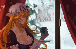 Rule 34 | 1girl, absurdres, blonde hair, breasts, cleavage, collarbone, cup, dianci&amp;bu tong, dianci &amp; bu-tong, dress, eyelashes, footprints, forest, frilled dress, frilled gloves, frilled sleeves, frills, from side, gloves, half-closed eyes, hat, hat ribbon, highres, holding, holding cup, indoors, large breasts, light smile, lips, long hair, looking outside, mob cap, mole, mole under eye, nature, pine tree, purple dress, purple eyes, red eyes, ribbon, saucer, snow, snowing, snowman, solo, teacup, touhou, tree, upper body, white gloves, window, winter, yakumo yukari