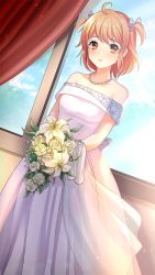 Rule 34 | 1girl, ahoge, blue sky, blush, bouquet, bow, closed mouth, cloud, collarbone, curtains, doukyuusei another world, dress, dutch angle, flower, game cg, grey bow, hair bow, holding, holding bouquet, indoors, jewelry, long dress, looking at viewer, necklace, off-shoulder dress, off shoulder, official art, orange eyes, orange hair, sendou chika, short hair, sky, solo, standing, strapless, strapless dress, two side up, wedding dress, white dress, white flower