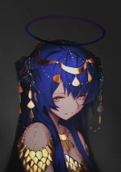 Rule 34 | 1girl, :|, arknights, armor, bare shoulders, blue eyes, blue hair, closed mouth, coin (ornament), gold armor, halo, head chain, highres, horn ornament, horns, jewelry, long hair, looking at viewer, mostima (arknights), solo, upper body, veilrain