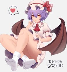Rule 34 | absurdres, ascot, bat wings, breasts, callmaichi, closed mouth, collared dress, commentary request, dress, feet, frilled dress, frilled sleeves, frills, happy, hat, hat ribbon, heart, highres, no shoes, pink dress, pink hat, puffy short sleeves, puffy sleeves, purple hair, red ascot, red eyes, red ribbon, remilia scarlet, ribbon, short hair, short sleeves, simple background, small breasts, smile, socks, soles, solo, speech bubble, spoken heart, toes, touhou, white background, white socks, wings