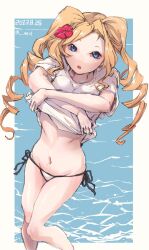Rule 34 | 1girl, bikini, bikini under clothes, blonde hair, blue eyes, dated, drill hair, feet out of frame, from above, highres, honolulu (kancolle), kantai collection, long hair, n-mori, one-hour drawing challenge, shirt, side-tie bikini bottom, solo, swimsuit, swimsuit under clothes, t-shirt, twin drills, twintails, twitter username, white bikini, white shirt