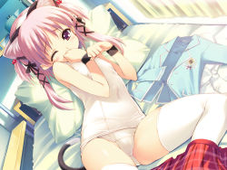 Rule 34 | 00s, 1girl, animal ears, bed, breasts, cat ears, cat tail, game cg, kawata hisashi, nanako (to heart 2), one-piece swimsuit, one eye closed, panties, pillow, pink hair, school swimsuit, school uniform, serafuku, small breasts, solo, swimsuit, tail, thighhighs, to heart (series), to heart 2, to heart 2 ad, twintails, underwear, undressing, white one-piece swimsuit, white school swimsuit, wink