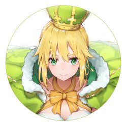Rule 34 | 1girl, artoria pendragon (fate), artoria pendragon (swimsuit archer) (fate), artoria pendragon (swimsuit archer) (third ascension) (fate), black cola, blonde hair, bow, breasts, cloak, closed mouth, crown, fate/grand order, fate (series), fur-trimmed cloak, fur trim, green cloak, green eyes, hair between eyes, heart, heart-shaped pupils, highres, long hair, medium breasts, one-piece swimsuit, sidelocks, smile, solo, strapless, strapless one-piece swimsuit, striped, striped bow, swimsuit, symbol-shaped pupils, white background, white one-piece swimsuit, yellow bow