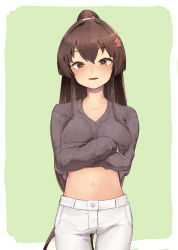 Rule 34 | 1girl, absurdres, blush, breasts, brown eyes, brown hair, crossed arms, female focus, flower, hair between eyes, hair flower, hair ornament, heart, heart-shaped pupils, highres, kantai collection, long hair, long sleeves, looking at viewer, navel, official alternate costume, pants, parted lips, pink flower, ponytail, simple background, solo, sweater, symbol-shaped pupils, tsuzuri (tu-san house), two-tone background, upper body, very long hair, white pants, yamato (kancolle)