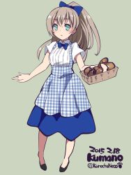 Rule 34 | 10s, 1girl, 2015, apron, aqua eyes, bad id, bad pixiv id, basket, blouse, blue bow, blue bowtie, blush, bow, bowtie, bread, brown hair, character name, dated, dress, food, full body, gingham apron, green background, hair bow, highres, kantai collection, kobeya uniform, kumano (kancolle), kuro chairo no neko, long hair, open mouth, paw print, plaid, plaid apron, ponytail, shirt, short sleeves, simple background, solo, twitter username, white shirt