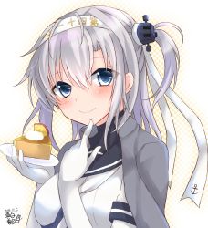 Rule 34 | 1girl, anchor symbol, black sailor collar, bodysuit, cake, clothes writing, commentary request, finger to mouth, food, gloves, gradient background, grey jacket, hachimaki, hair between eyes, headband, highres, index finger raised, jacket, jacket on shoulders, kantai collection, long hair, looking at viewer, mashiro yukiya, one-hour drawing challenge, one side up, polka dot, polka dot background, sailor collar, silver hair, smile, solo, suzutsuki (kancolle), white background, white bodysuit, white gloves, white neckwear