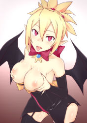 Rule 34 | 1girl, :p, armpits, bare shoulders, bat wings, black dress, black thighhighs, black wings, blonde hair, blush, bow, breast hold, breasts, breasts out, breasts squeezed together, brooch, clothes pull, cowboy shot, demon girl, demon wings, detached sleeves, disgaea, dress, dress pull, earrings, female focus, fingernails, from side, garter straps, gradient background, grey panties, hair between eyes, hair ornament, high ponytail, jewelry, lace, lace-trimmed panties, lace trim, lactation, large breasts, leaning forward, legs apart, long fingernails, looking at viewer, makai senki disgaea, makai senki disgaea 2, mingaru, nipples, no bra, panties, pink bow, pink eyes, pointy ears, ponytail, puffy nipples, purple eyes, red eyes, rozalin, saliva, shiny skin, short hair, short ponytail, slit pupils, solo, spiked hair, standing, strapless, strapless dress, sweat, thighhighs, tongue, tongue out, underwear, wings, yellow bow