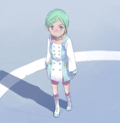 Rule 34 | 00s, 1girl, boots, buttons, choker, dress, emblem, eureka (eureka seven), eureka seven, eureka seven (series), full body, green hair, hair ornament, hairclip, knee boots, long sleeves, looking at viewer, purple eyes, shade, short hair, solo, standing, swept bangs, takeda sun, white footwear
