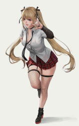 Rule 34 | 1girl, black choker, black footwear, black nails, black necktie, black ribbon, blonde hair, blue eyes, breasts, choker, collared shirt, commentary request, dead or alive, dead or alive 5, detached sleeves, dress shirt, fishnet thighhighs, fishnets, full body, hair ornament, hair ribbon, high heels, highres, jeneral, long hair, looking at viewer, marie rose, miniskirt, nail polish, necktie, plaid, plaid skirt, pleated skirt, red skirt, ribbon, shirt, shoes, simple background, skirt, small breasts, solo, standing, standing on one leg, thigh strap, thighhighs, twintails, w, white background, white shirt, x hair ornament