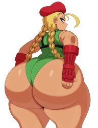 Rule 34 | 1girl, absurdres, ass, ass grab, bare legs, bare shoulders, blonde hair, blue eyes, braid, breasts, cammy white, curvy, eric lowery, fingerless gloves, from behind, gloves, grabbing own ass, green leotard, hat, highres, huge ass, large breasts, leotard, long hair, looking at viewer, looking back, plump, shiny skin, skindentation, sleeveless, street fighter, thong leotard, twin braids, very long hair, white background, wide hips