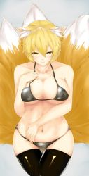 Rule 34 | 1girl, :&gt;, absurdres, alternate costume, animal ears, belly, bikini, black bikini, blonde hair, breasts, collarbone, curvy, covered erect nipples, fox ears, fox tail, from above, gedou hakurou, hand on own chest, highres, hip focus, large breasts, light smile, looking at viewer, multiple tails, navel, short hair, sitting, skindentation, slit pupils, solo, swimsuit, tail, thighhighs, thighs, touhou, yakumo ran, yellow eyes