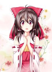 Rule 34 | 1girl, :d, bare shoulders, blush, bow, brown hair, detached sleeves, floral print, flower, gradient background, hair bow, hair ribbon, hair tubes, hakurei reimu, highres, large bow, long hair, looking at viewer, open mouth, own hands clasped, own hands together, red eyes, reimei (r758120518), ribbon, smile, solo, teeth, touhou