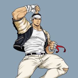 1boy bandaged_hand bandages belt black_hair clenched_hands commentary commission english_commentary headband highres jacket large_pectorals male_focus muscular muscular_male official_alternate_costume open_clothes open_jacket pants pectoral_cleavage pectorals rocckart ryu_(street_fighter) short_hair simple_background solo street_fighter street_fighter_6 torn_clothes torn_pants unzipped