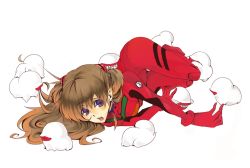 Rule 34 | 1girl, artist request, blue eyes, bodysuit, brown hair, chibi, female focus, full body, hair in own mouth, long hair, lying, mass production eva, miika, mouth hold, neon genesis evangelion, open mouth, plugsuit, simple background, solo, souryuu asuka langley, teeth, white background