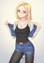 Rule 34 | 1girl, absurdres, android 18, black pantyhose, black shirt, blonde hair, blue eyes, blue skirt, blush, breasts, cleavage, closed mouth, collarbone, cowboy shot, dated, denim, denim skirt, dragon ball, dragonball z, gradient background, grey background, highres, long sleeves, looking at viewer, medium breasts, miniskirt, pantyhose, pencil skirt, shirt, short hair, skirt, smile, solo, standing, striped sleeves, white background, white sleeves, zzalsu