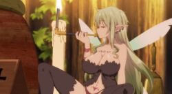 Rule 34 | 1girl, 2020, 20s, aloe (ishuzoku reviewers), animated, animated gif, bags under eyes, bare shoulders, barefoot, black footwear, black shirt, black thighhighs, boots, breasts, candle, cleavage, closed eyes, earrings, empty eyes, fairy, fairy wings, green hair, ishuzoku reviewers, jewelry, large breasts, legs, long hair, mini person, minigirl, nail polish, no pants, pink eyes, pointy ears, ruler, shirt, single boot, single thigh boot, single thighhigh, smile, smoke, smoking, smoking pipe, solo, strapless, strapless shirt, table, tattoo, thigh boots, thighhighs, thighs, unworn footwear, unworn legwear, wings