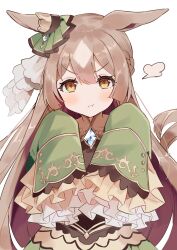 Rule 34 | 1girl, animal ears, blush, brown eyes, brown hair, closed mouth, dress, frilled sleeves, frills, green dress, highres, horse ears, horse girl, horse tail, long hair, looking at viewer, pout, satono diamond (umamusume), simple background, sleeves past fingers, sleeves past wrists, solo, tail, umamusume, upper body, usukawa (uskw sr), white background, wide sleeves