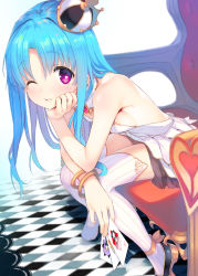Rule 34 | 1girl, bare shoulders, blue hair, blush, bracelet, breasts, card, chair, commentary request, crown, dress, from side, head rest, heart, heart-shaped pupils, jewelry, long hair, looking at viewer, mini crown, one eye closed, original, parted lips, playing card, red eyes, sideboob, sitting, small breasts, smile, solo, striped clothes, striped thighhighs, symbol-shaped pupils, tatami to hinoki, thighhighs, vertical-striped clothes, vertical-striped thighhighs, white dress, white thighhighs