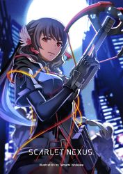 Rule 34 | 1girl, bow (weapon), breasts, crossbow, feather hair ornament, feathers, hair ornament, highres, kyoka eden, large breasts, logo, night, night sky, official art, pantyhose, ponytail, purple hair, red eyes, scarlet nexus, see-through, see-through legwear, sky, skyline, uniform, weapon
