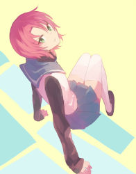 Rule 34 | 00s, 1girl, annoyed, blue skirt, from above, full body, green eyes, long sleeves, looking at viewer, my-hime, red hair, school uniform, serafuku, short hair, simple background, sitting, skirt, sleeves past wrists, solo, sou (tuhut), thighhighs, very short hair, white thighhighs, yellow background, yuuki nao, zettai ryouiki
